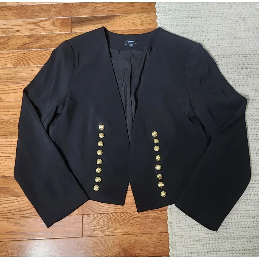 Express Open Front Cropped Blazer L Black Gold Buttons Office Business